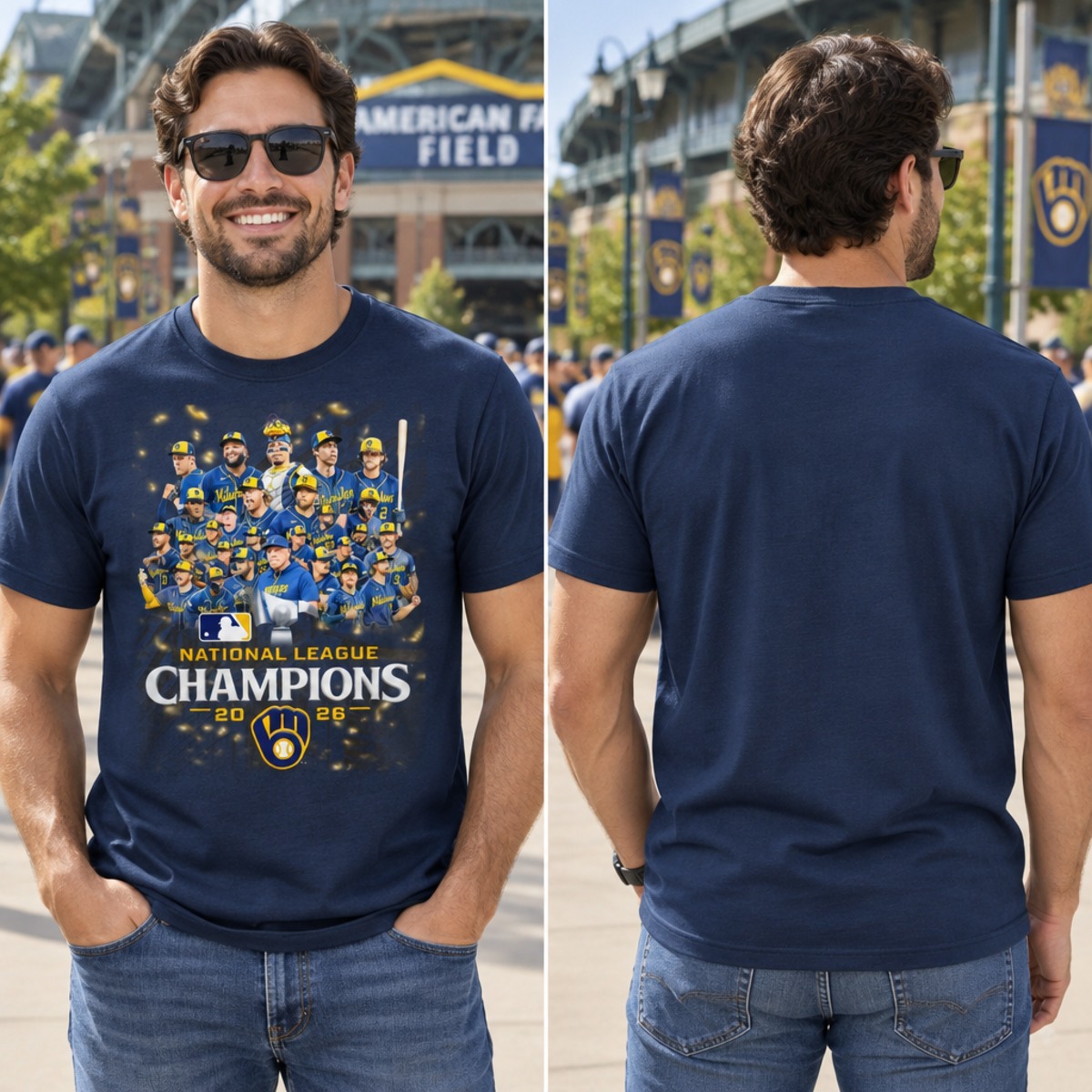 Brewers World Series Champions Shirt | Milwaukee NL 2026 4 Brewers World Series Champions | Milwaukee Brewers National League Champions 2026 Shirt, male model front and back view