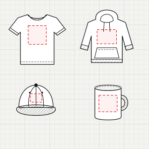 Sketch sheet with four product outlines: tee, hoodie, cap and mug