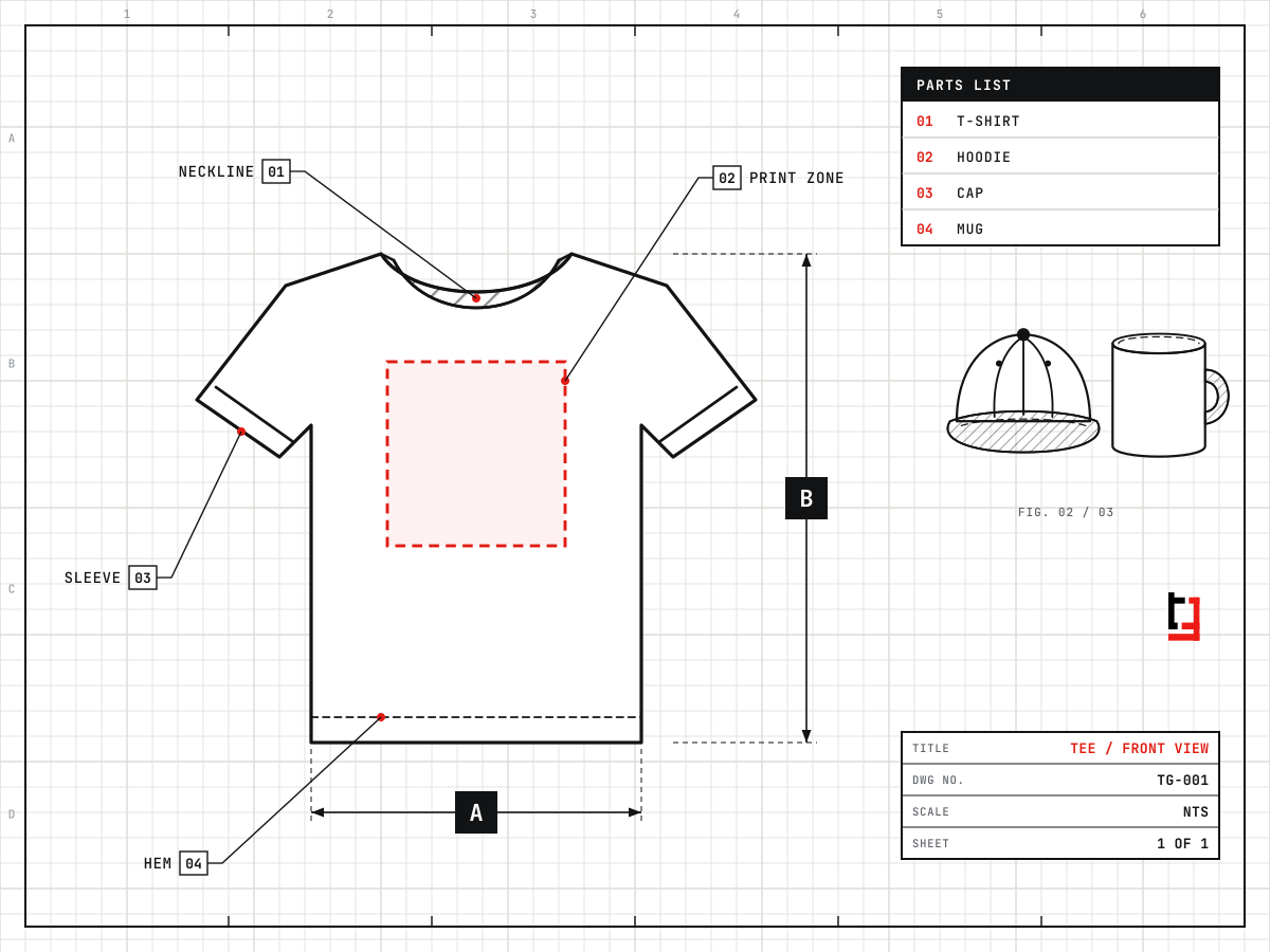 Technical drawing of a T-shirt, front view, with the print zone marked in red and dimension lines for chest width and body length